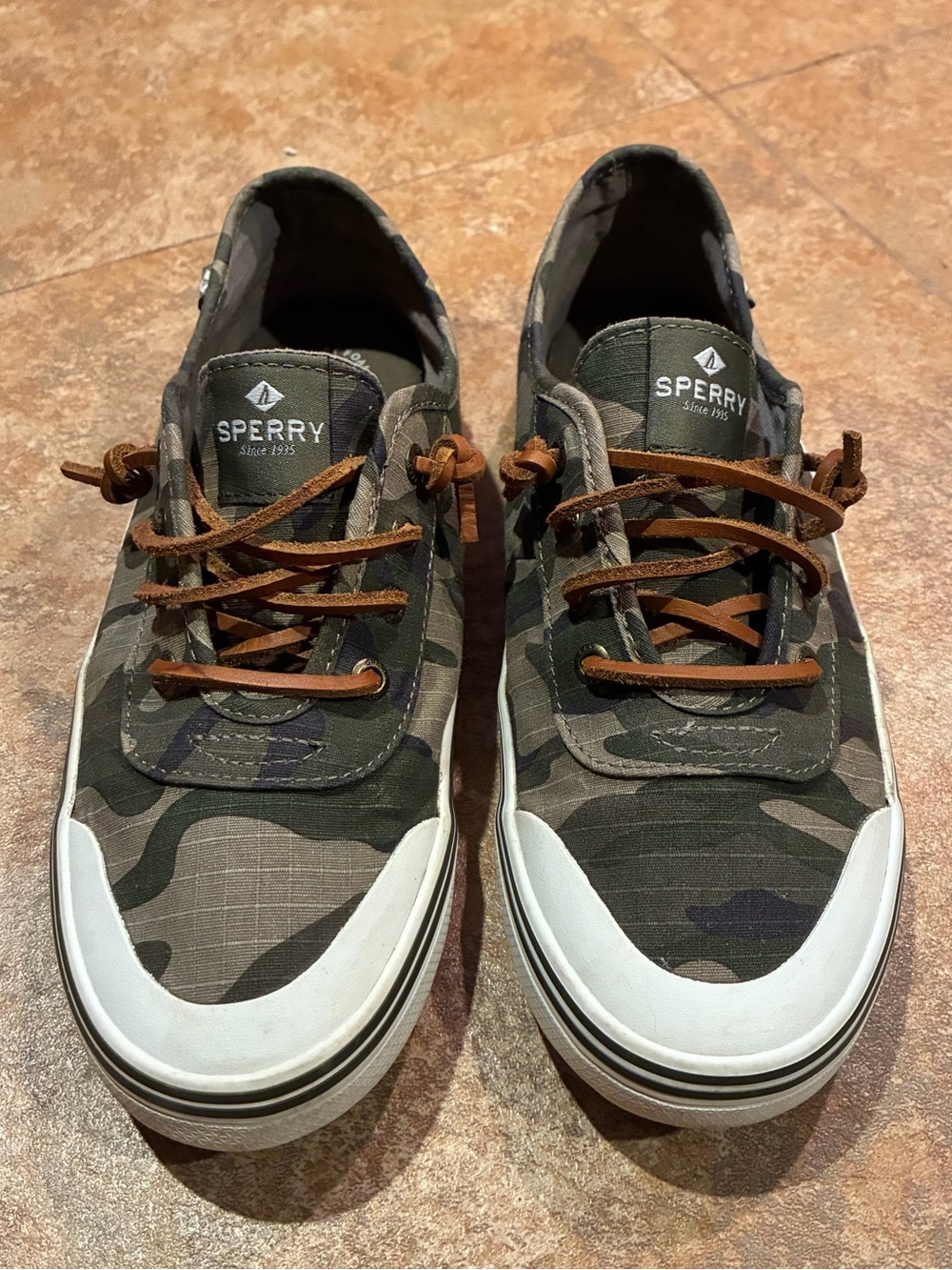 Sperry women’s  Camo Sneakers with Brown Leather Laces